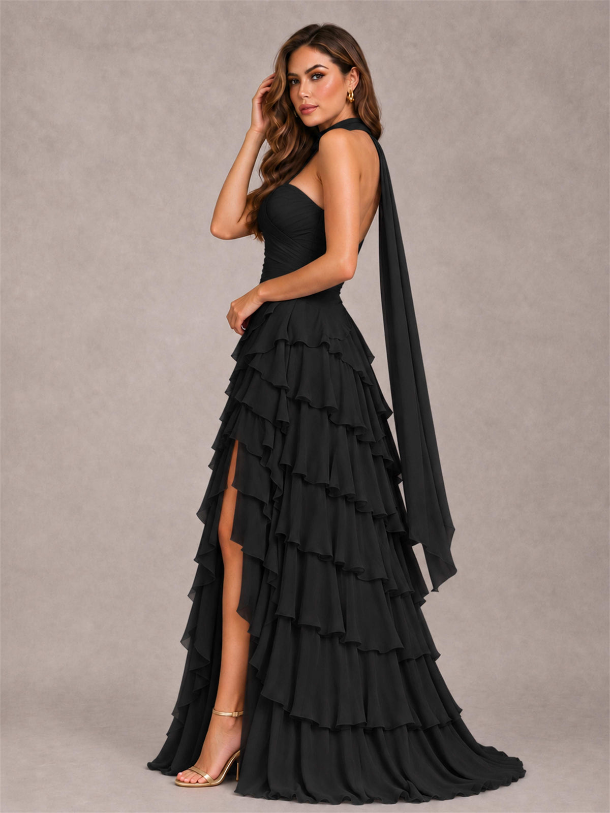 A-Line Strapless Pleated Side Slit Chiffon Evening Dress with Scarf