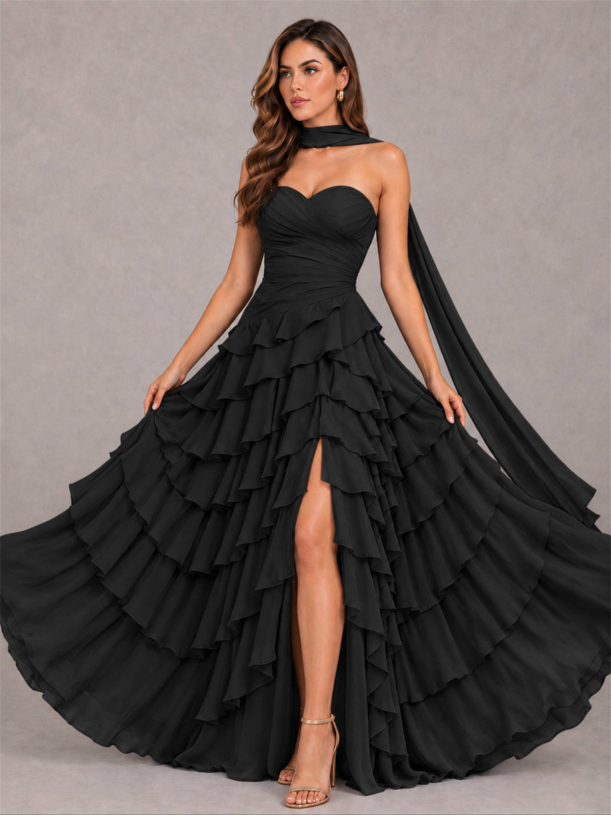 A-Line Strapless Pleated Side Slit Chiffon Evening Dress with Scarf