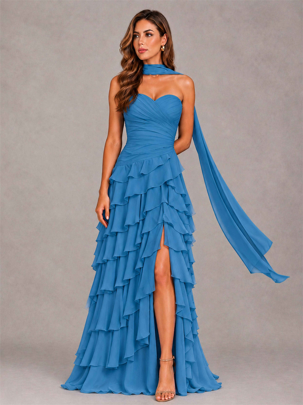 A-Line Strapless Pleated Side Slit Chiffon Evening Dress with Scarf