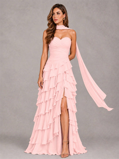 A-Line Strapless Pleated Side Slit Chiffon Evening Dress with Scarf