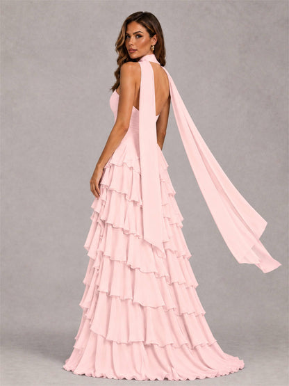 A-Line Strapless Pleated Side Slit Chiffon Evening Dress with Scarf