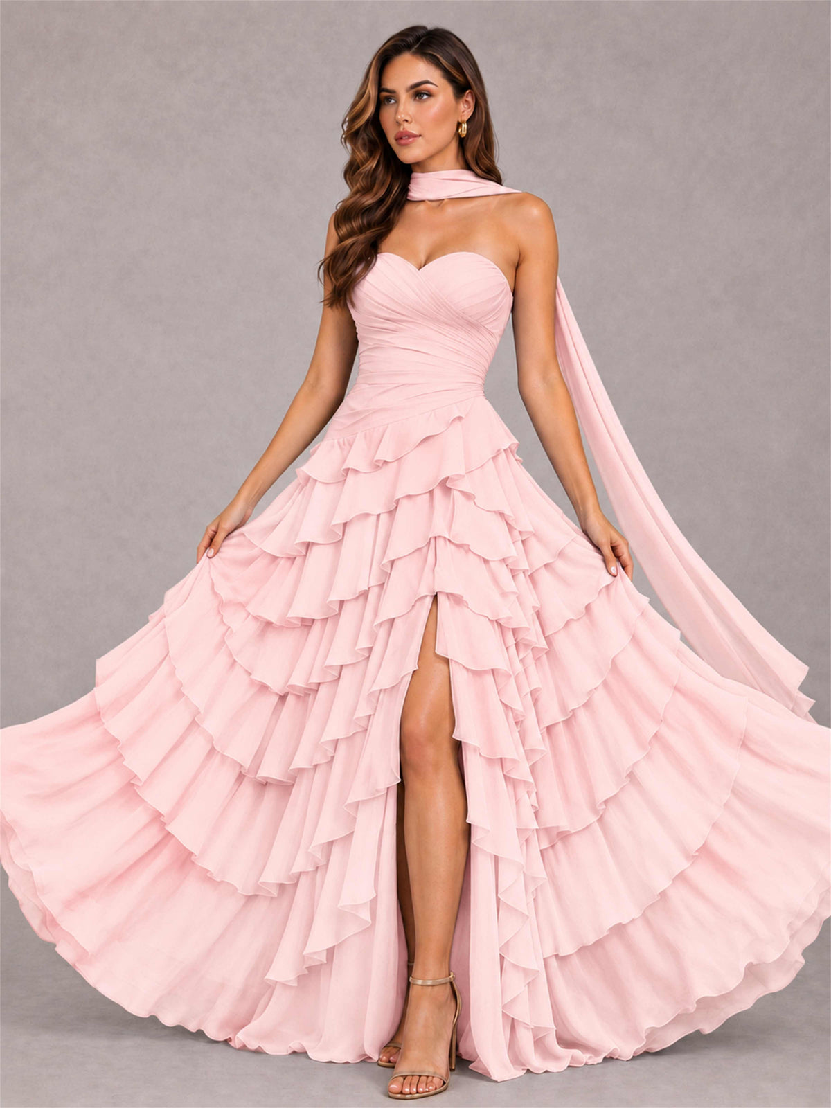 A-Line Strapless Pleated Side Slit Chiffon Evening Dress with Scarf