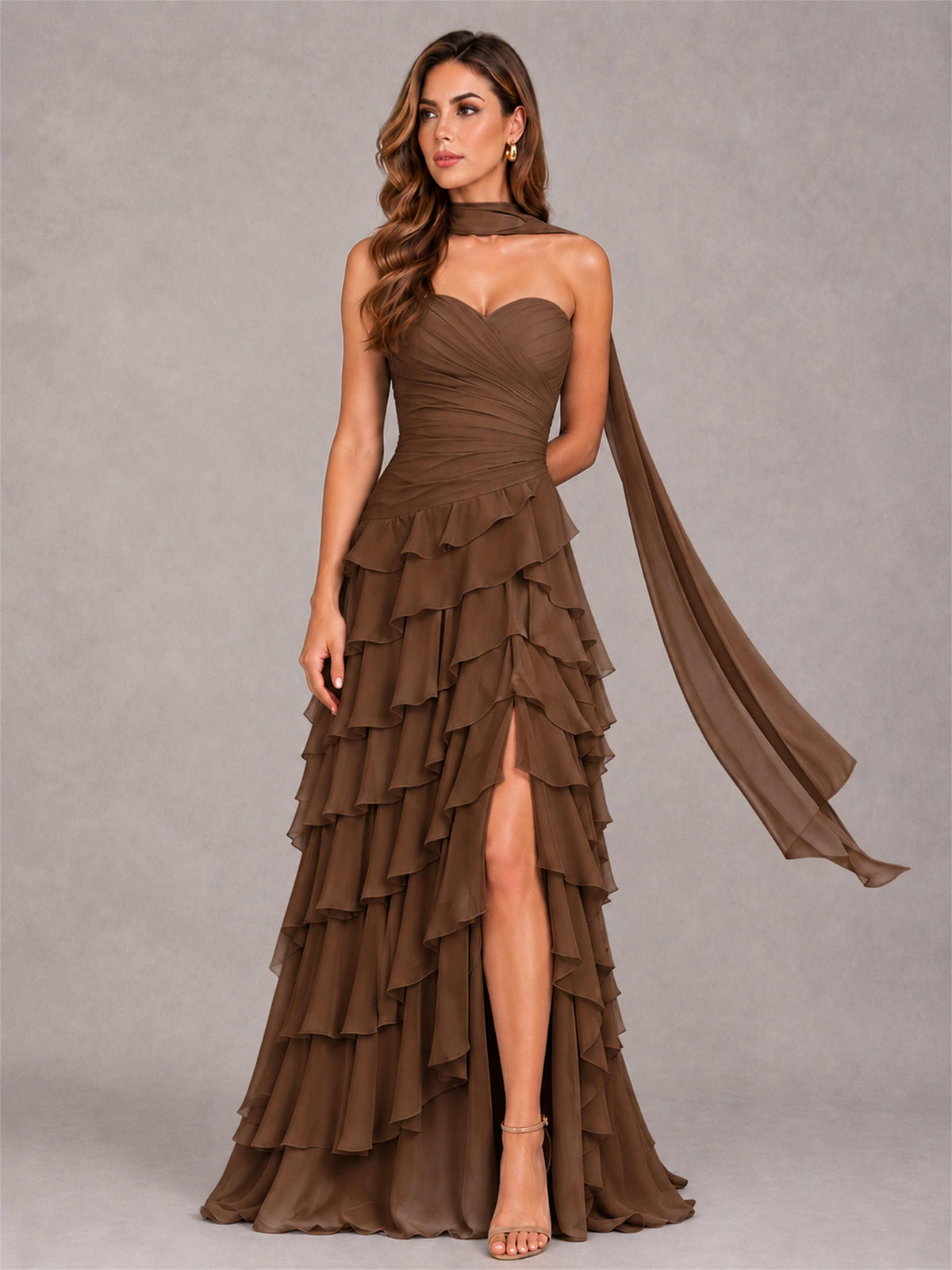 A-Line Strapless Pleated Side Slit Chiffon Evening Dress with Scarf