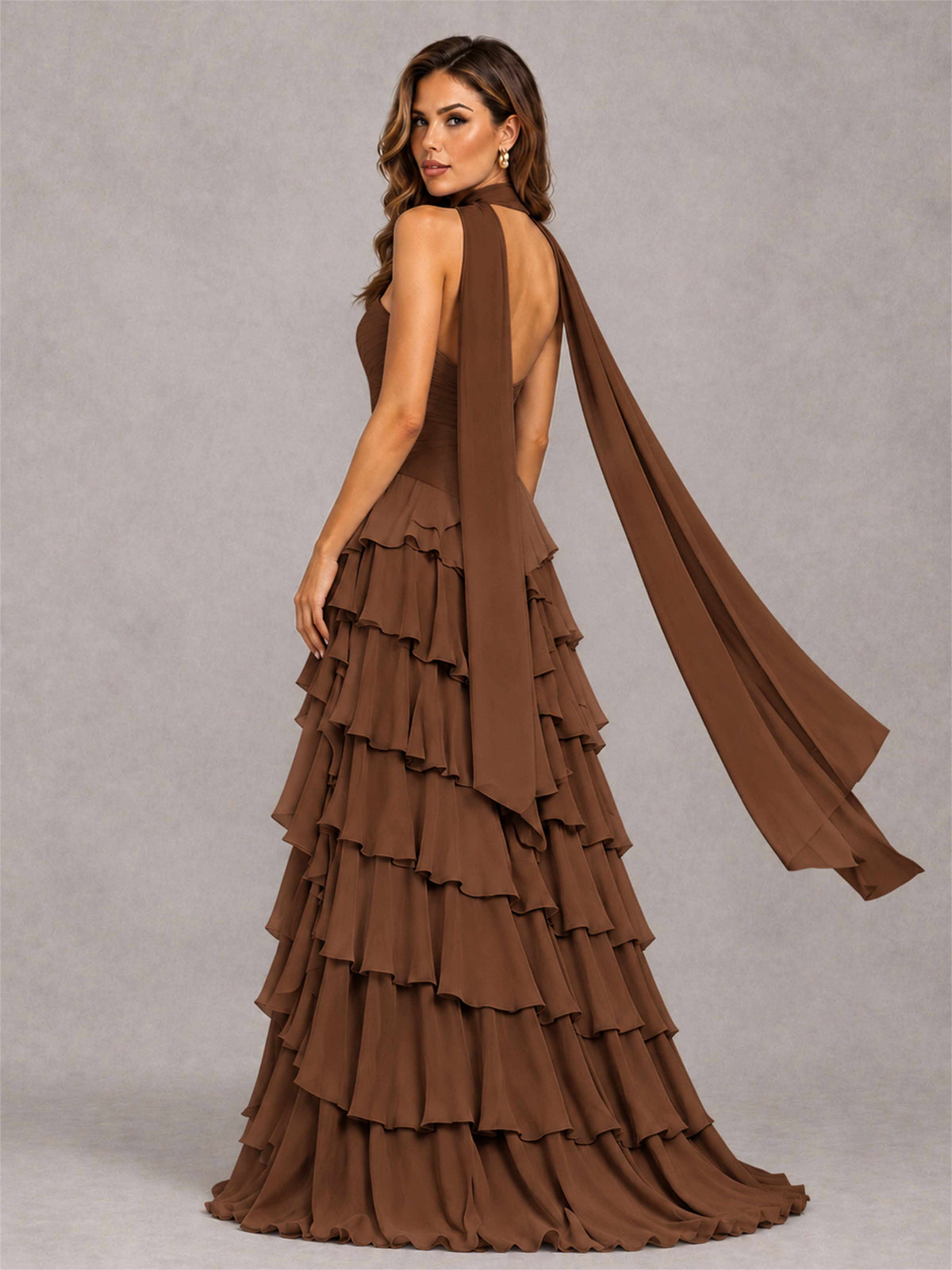 A-Line Strapless Pleated Side Slit Chiffon Evening Dress with Scarf