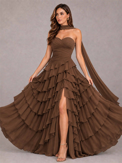 A-Line Strapless Pleated Side Slit Chiffon Evening Dress with Scarf