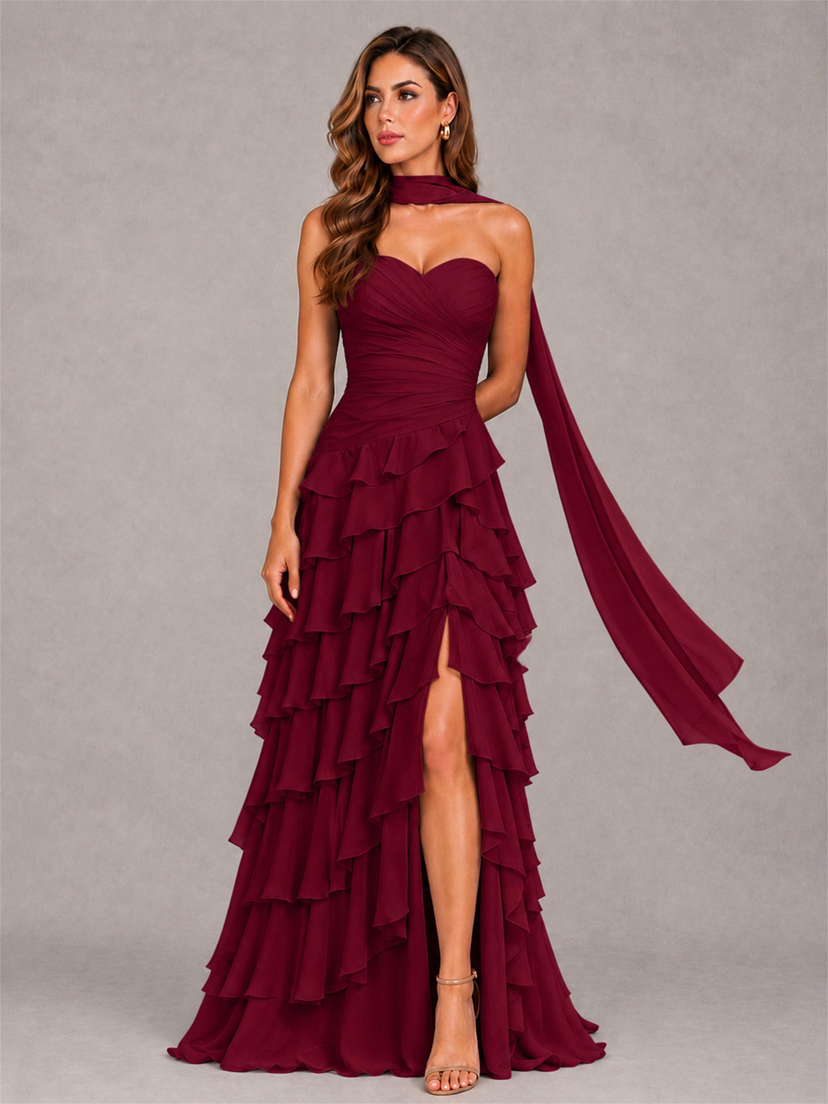 A-Line Strapless Pleated Side Slit Chiffon Evening Dress with Scarf