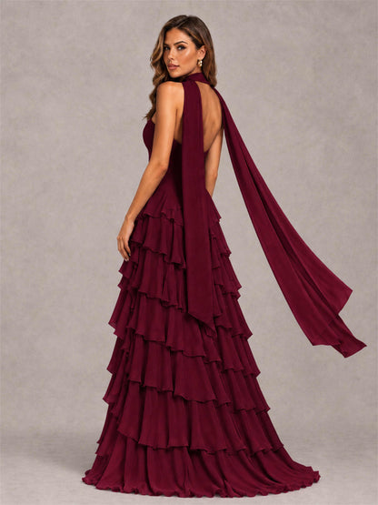 A-Line Strapless Pleated Side Slit Chiffon Evening Dress with Scarf