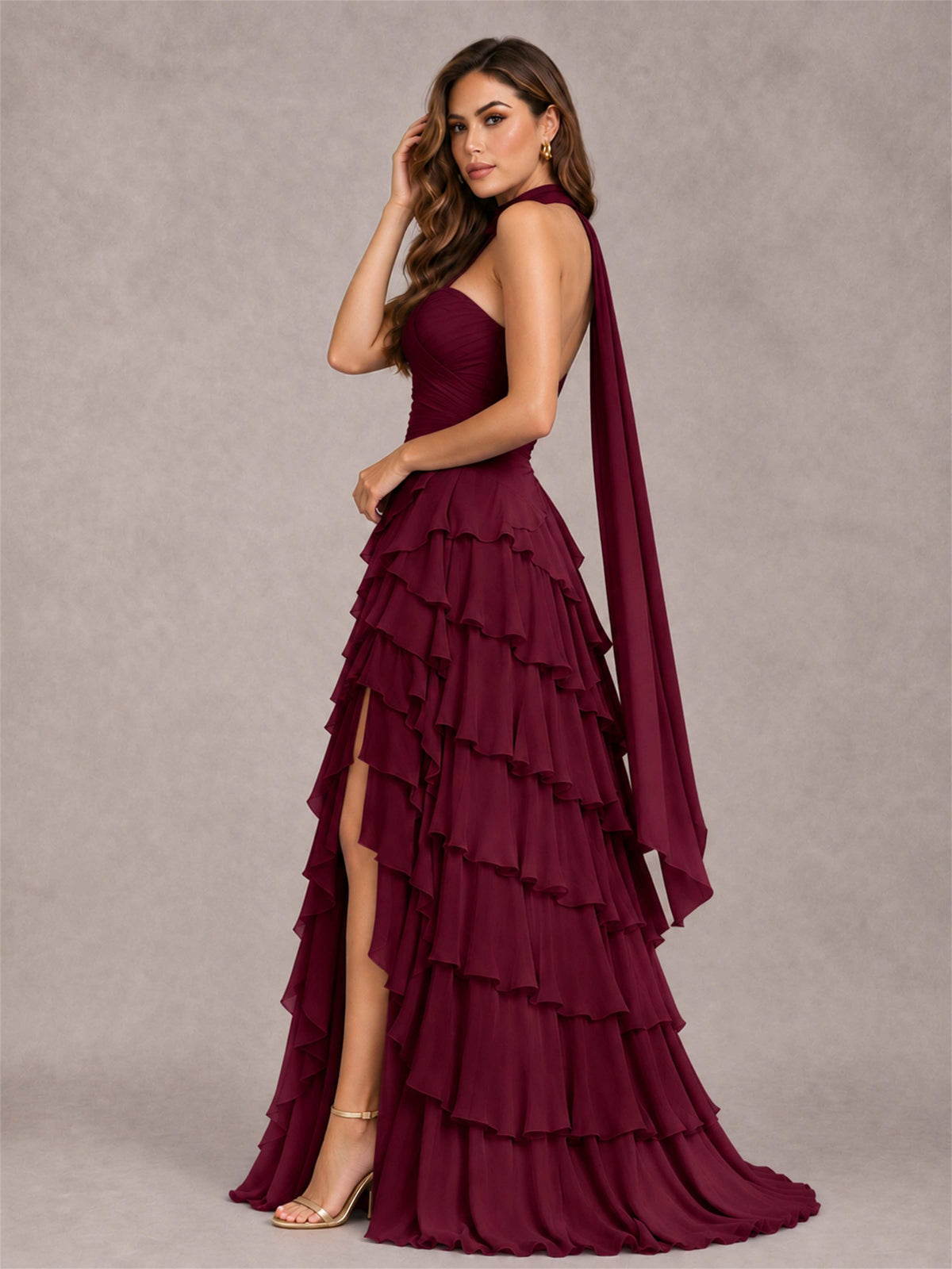 A-Line Strapless Pleated Side Slit Chiffon Evening Dress with Scarf