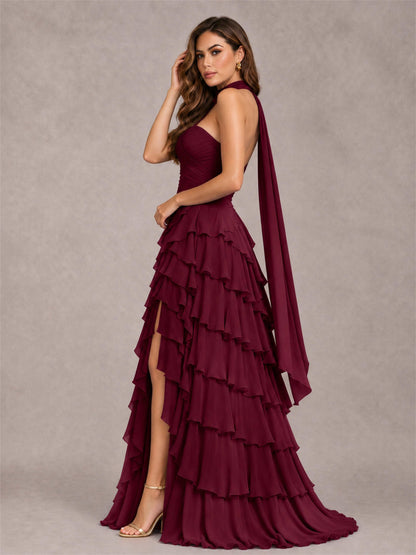 A-Line Strapless Pleated Side Slit Chiffon Evening Dress with Scarf