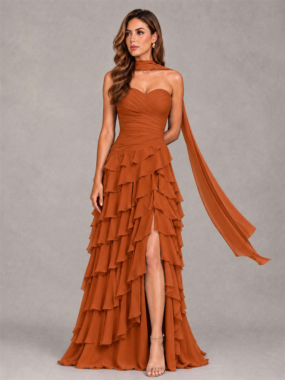 A-Line Strapless Pleated Side Slit Chiffon Evening Dress with Scarf