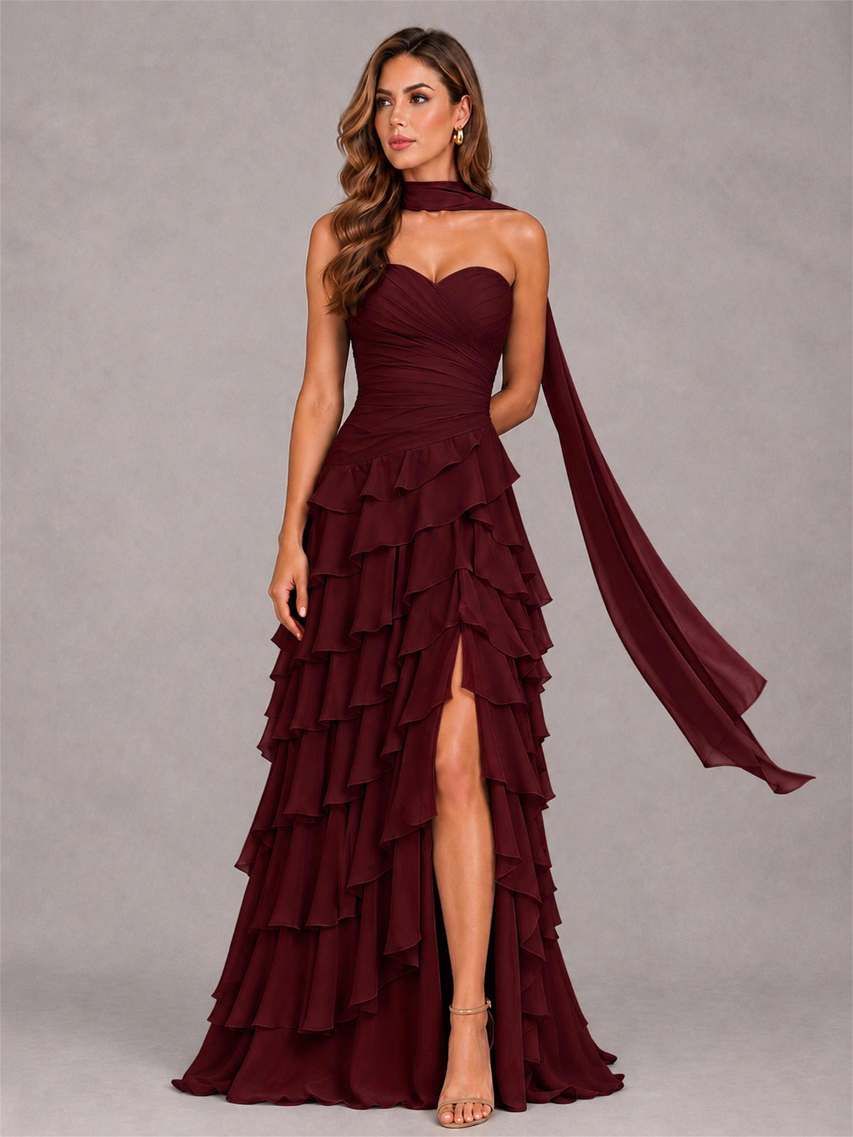 A-Line Strapless Pleated Side Slit Chiffon Evening Dress with Scarf