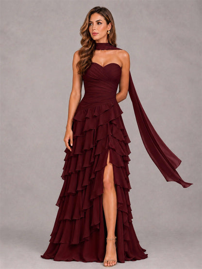 A-Line Strapless Pleated Side Slit Chiffon Evening Dress with Scarf