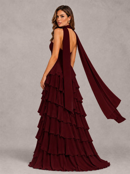 A-Line Strapless Pleated Side Slit Chiffon Evening Dress with Scarf