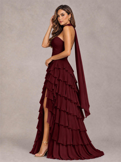 A-Line Strapless Pleated Side Slit Chiffon Evening Dress with Scarf