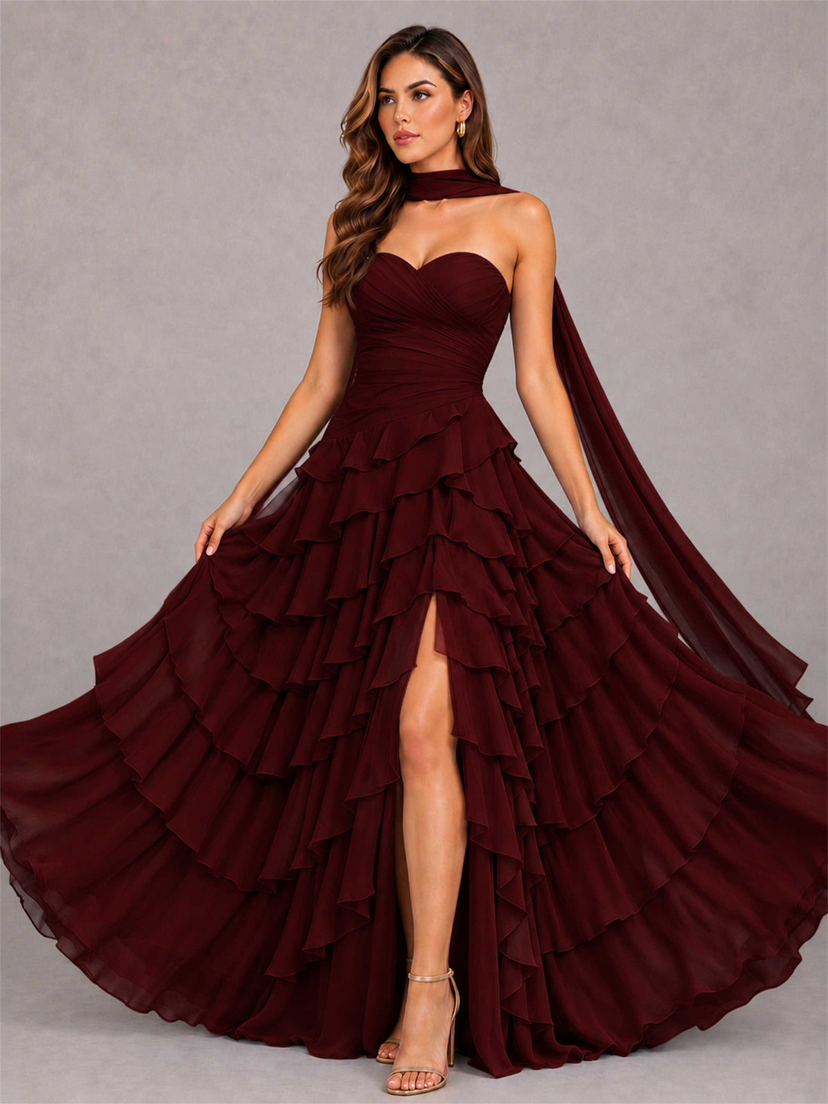 A-Line Strapless Pleated Side Slit Chiffon Evening Dress with Scarf