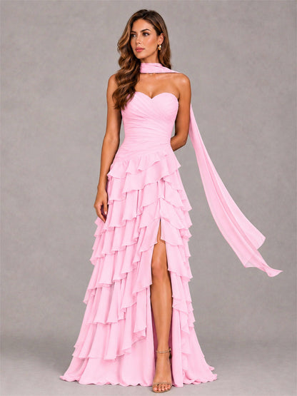 A-Line Strapless Pleated Side Slit Chiffon Evening Dress with Scarf