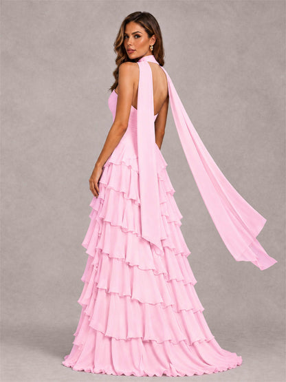 A-Line Strapless Pleated Side Slit Chiffon Evening Dress with Scarf