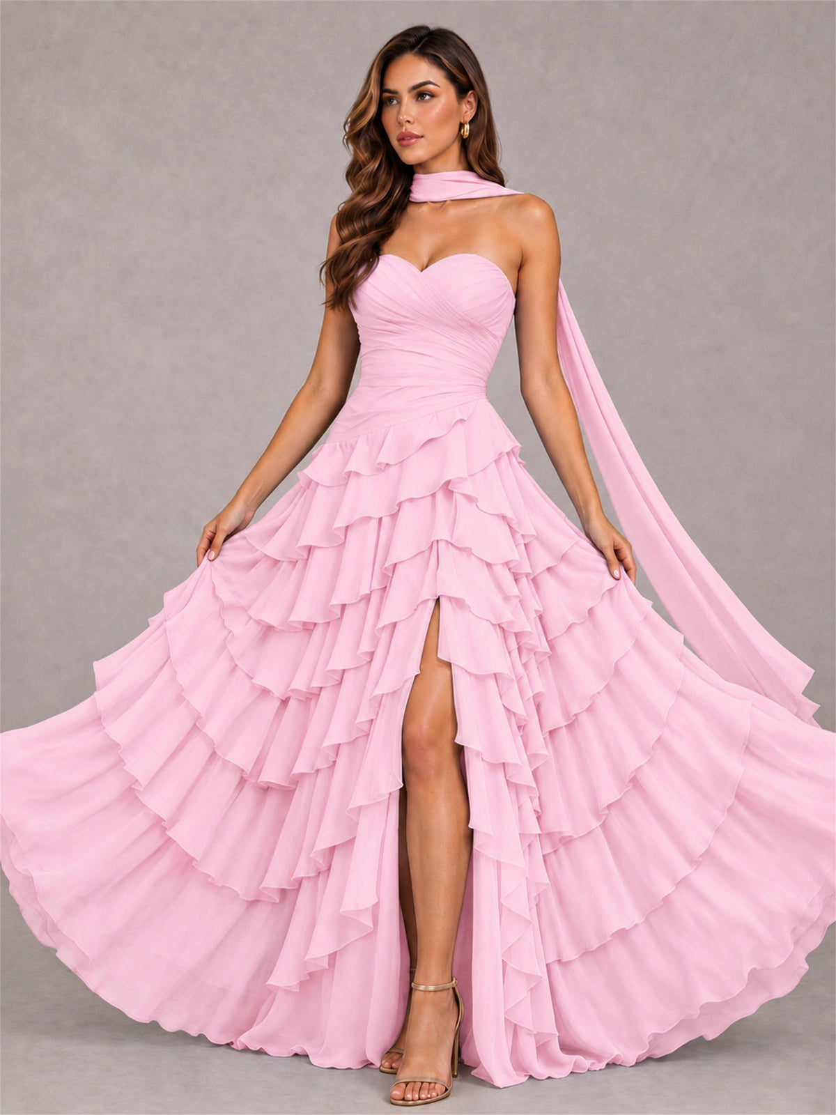 A-Line Strapless Pleated Side Slit Chiffon Evening Dress with Scarf