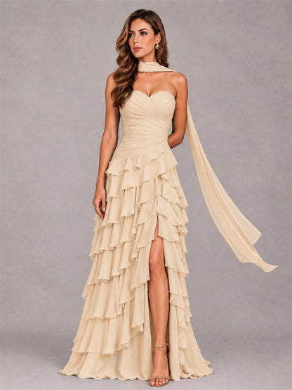 A-Line Strapless Pleated Side Slit Chiffon Evening Dress with Scarf