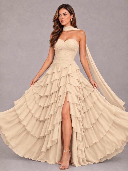 A-Line Strapless Pleated Side Slit Chiffon Evening Dress with Scarf
