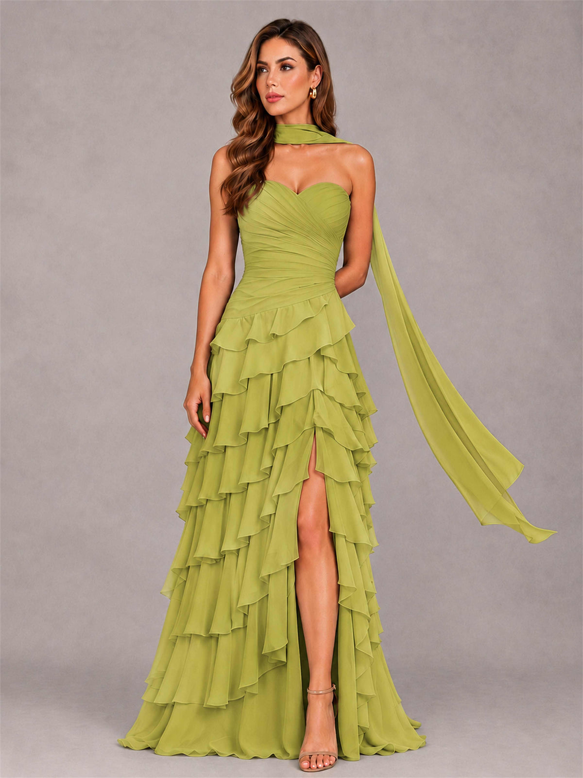 A-Line Strapless Pleated Side Slit Chiffon Evening Dress with Scarf