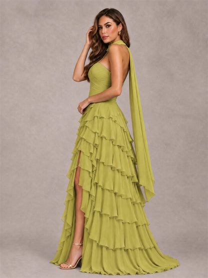 A-Line Strapless Pleated Side Slit Chiffon Evening Dress with Scarf