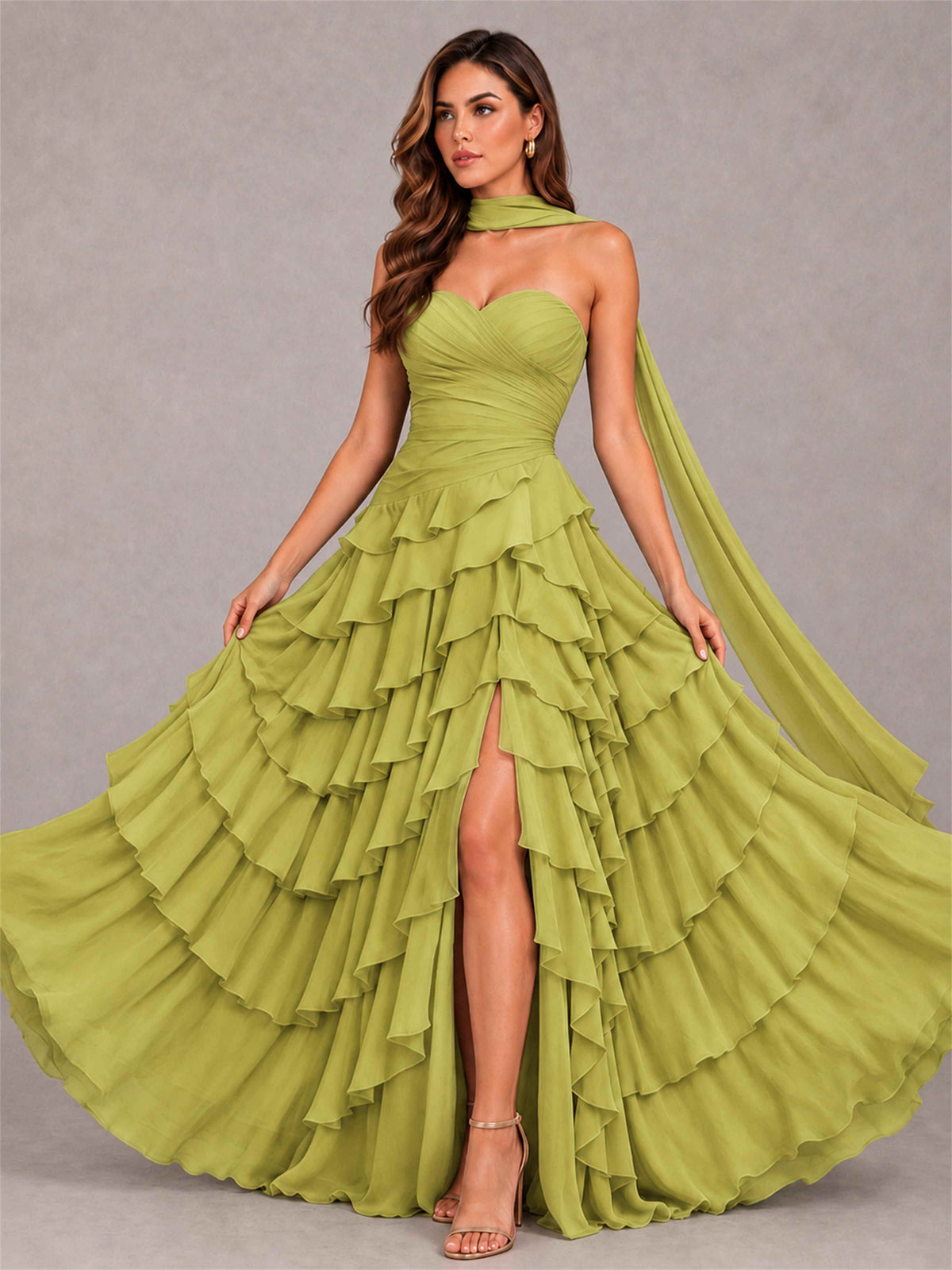 A-Line Strapless Pleated Side Slit Chiffon Evening Dress with Scarf