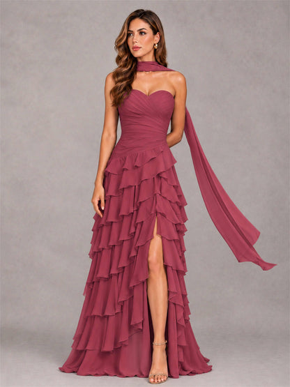 A-Line Strapless Pleated Side Slit Chiffon Evening Dress with Scarf