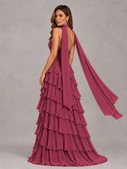 A-Line Strapless Pleated Side Slit Chiffon Evening Dress with Scarf