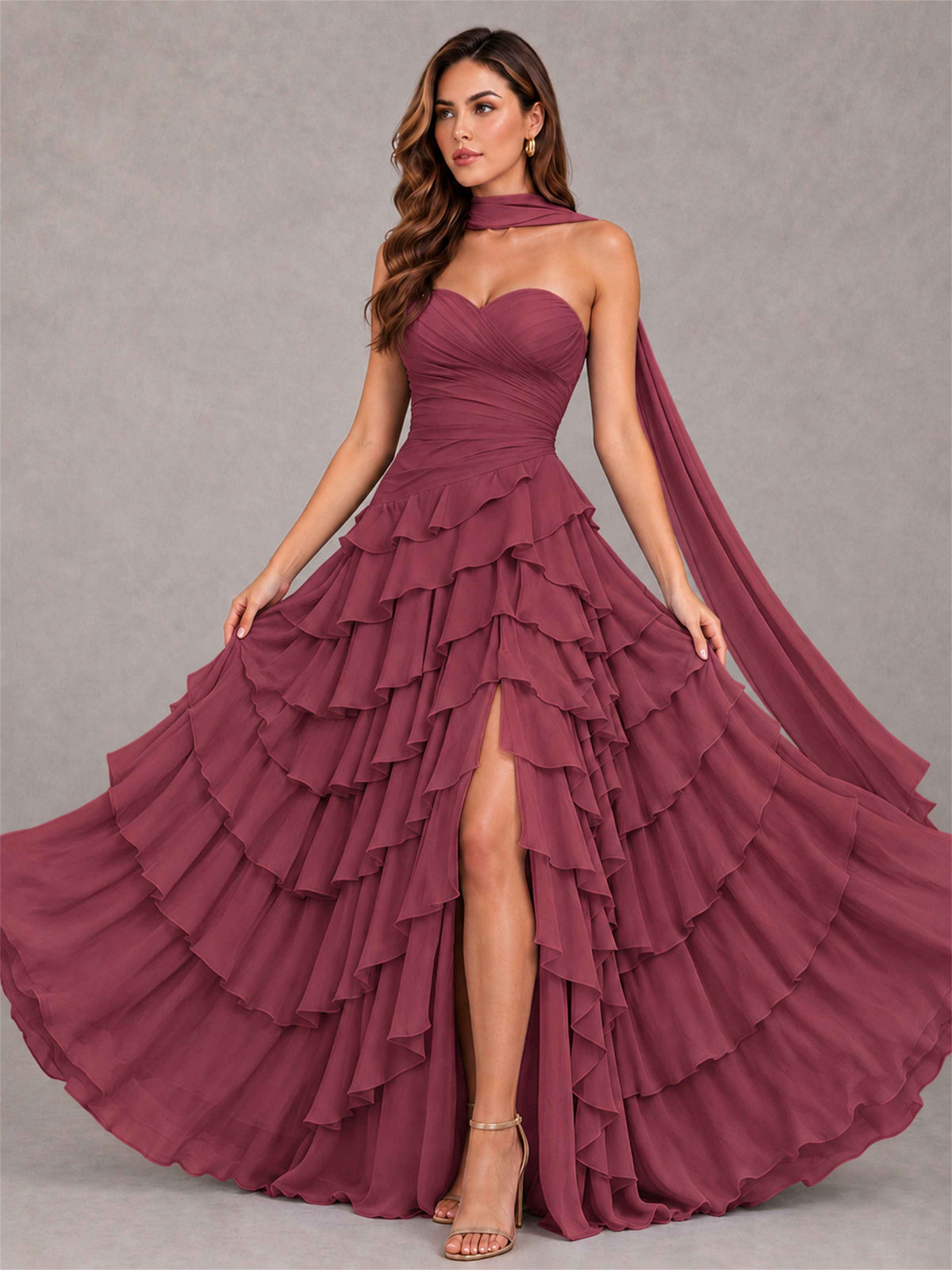 A-Line Strapless Pleated Side Slit Chiffon Evening Dress with Scarf