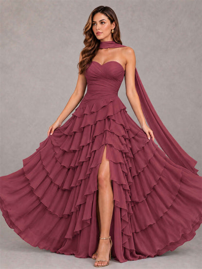 A-Line Strapless Pleated Side Slit Chiffon Evening Dress with Scarf