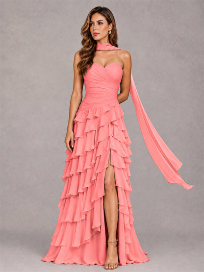 A-Line Strapless Pleated Side Slit Chiffon Evening Dress with Scarf