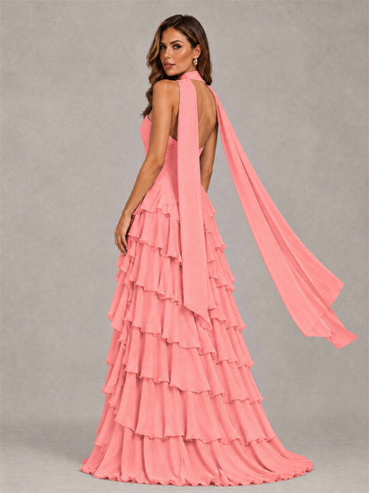 A-Line Strapless Pleated Side Slit Chiffon Evening Dress with Scarf