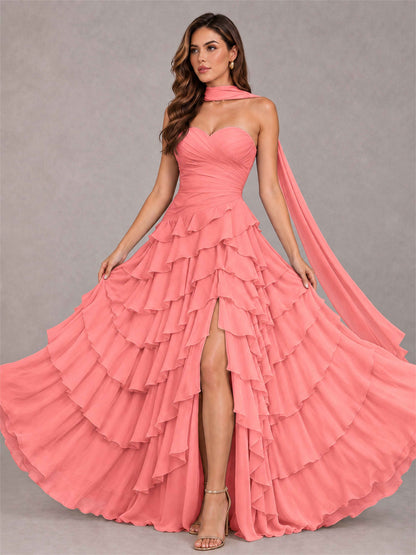A-Line Strapless Pleated Side Slit Chiffon Evening Dress with Scarf
