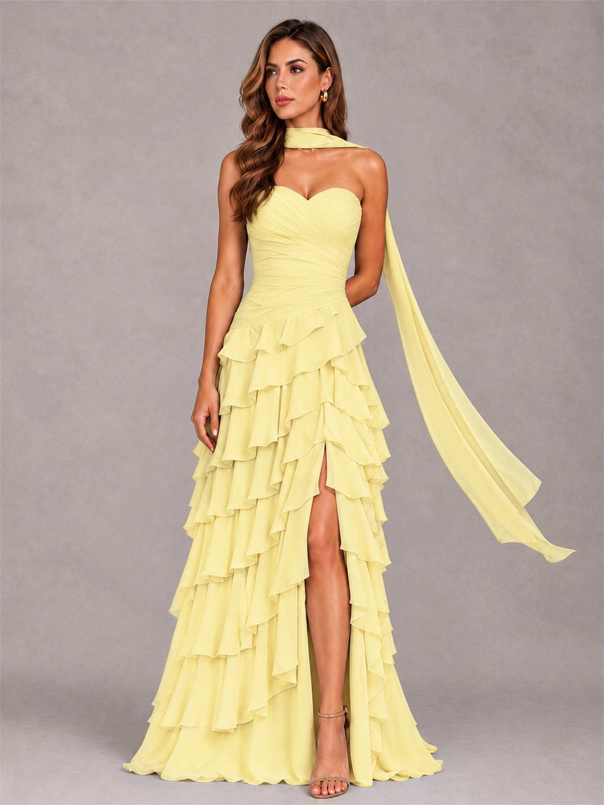 A-Line Strapless Pleated Side Slit Chiffon Evening Dress with Scarf
