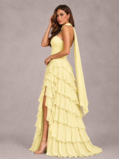 A-Line Strapless Pleated Side Slit Chiffon Evening Dress with Scarf