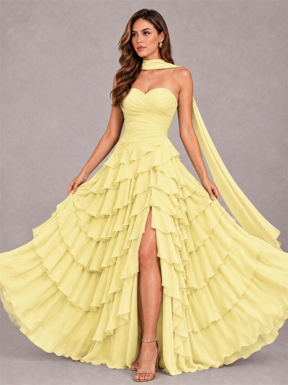 A-Line Strapless Pleated Side Slit Chiffon Evening Dress with Scarf