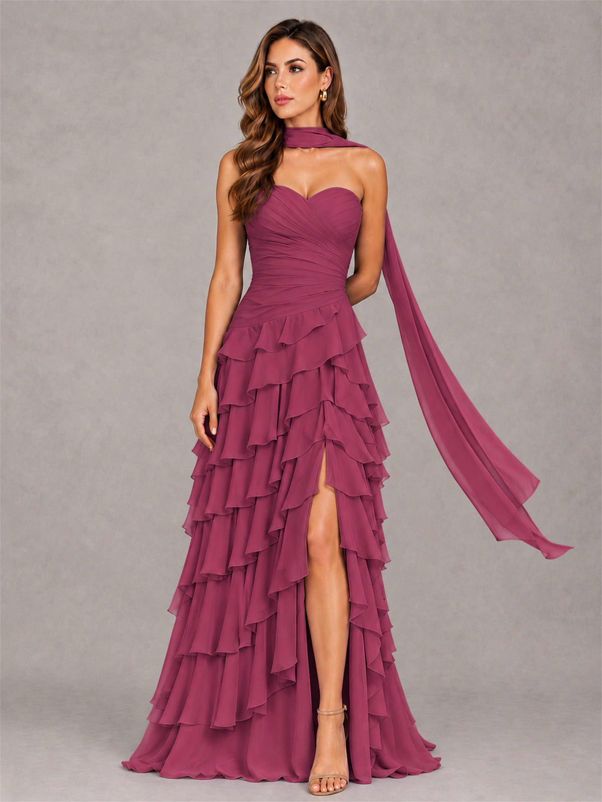 A-Line Strapless Pleated Side Slit Chiffon Evening Dress with Scarf