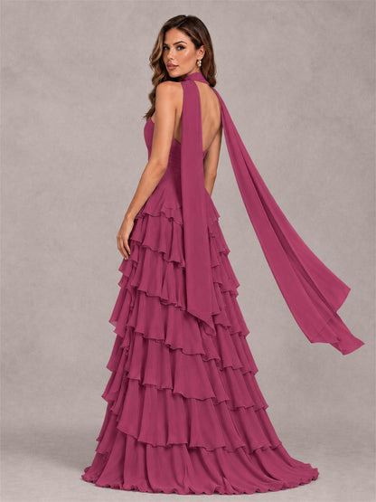 A-Line Strapless Pleated Side Slit Chiffon Evening Dress with Scarf