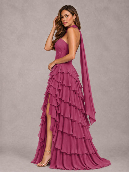 A-Line Strapless Pleated Side Slit Chiffon Evening Dress with Scarf