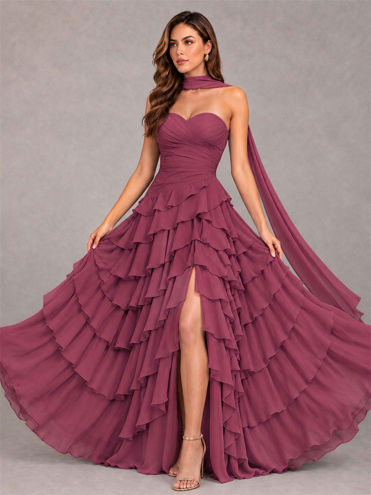 A-Line Strapless Pleated Side Slit Chiffon Evening Dress with Scarf