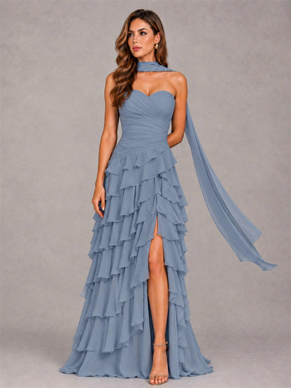 A-Line Strapless Pleated Side Slit Chiffon Evening Dress with Scarf