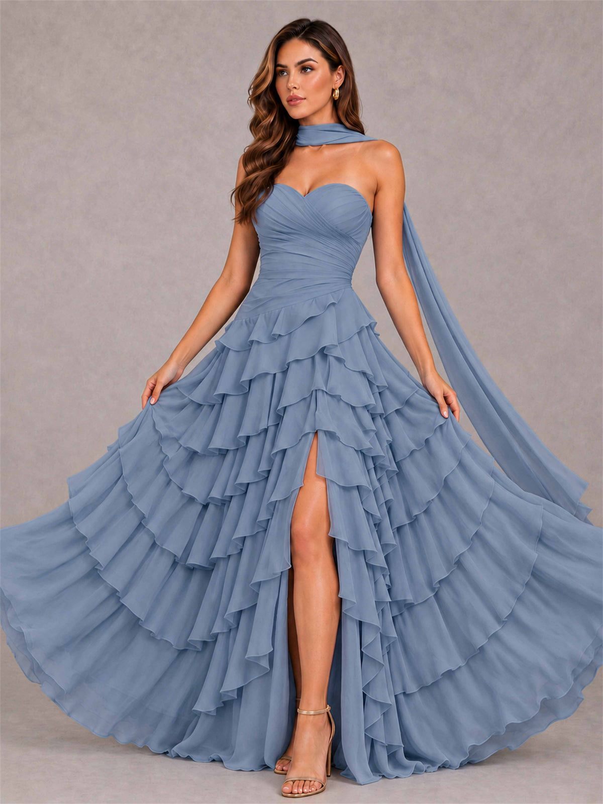 A-Line Strapless Pleated Side Slit Chiffon Evening Dress with Scarf