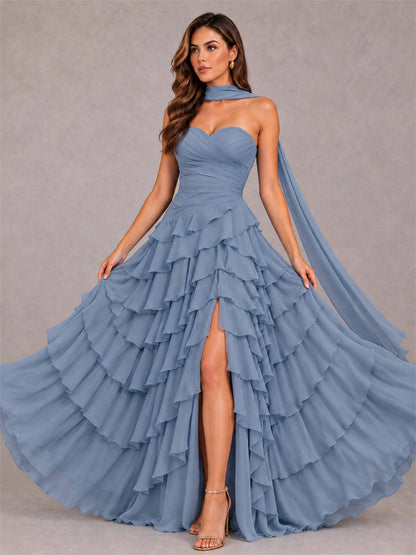 A-Line Strapless Pleated Side Slit Chiffon Evening Dress with Scarf