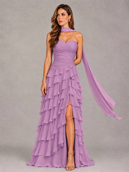 A-Line Strapless Pleated Side Slit Chiffon Evening Dress with Scarf