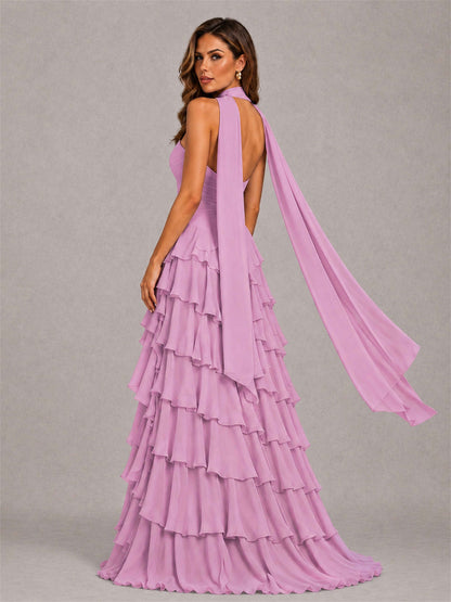 A-Line Strapless Pleated Side Slit Chiffon Evening Dress with Scarf