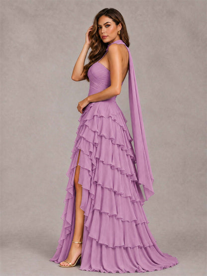 A-Line Strapless Pleated Side Slit Chiffon Evening Dress with Scarf