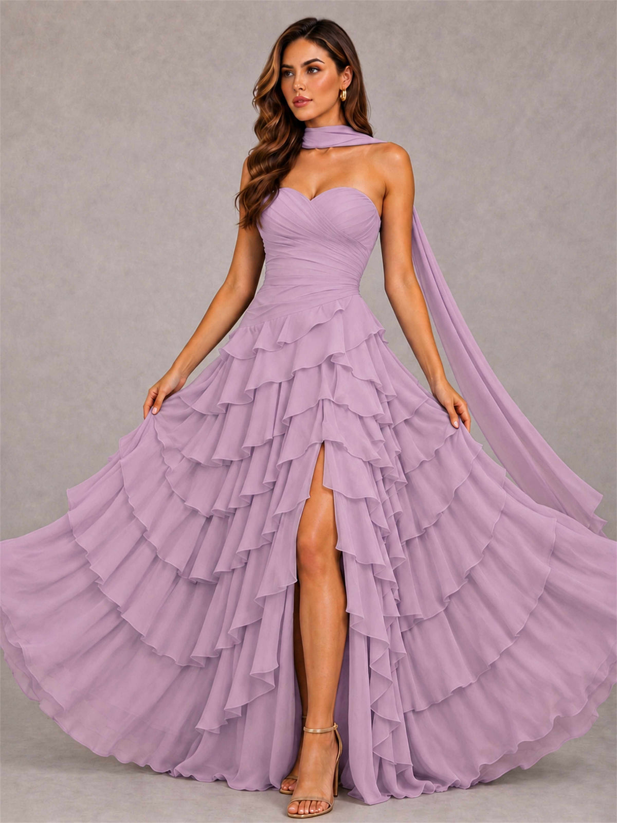A-Line Strapless Pleated Side Slit Chiffon Evening Dress with Scarf