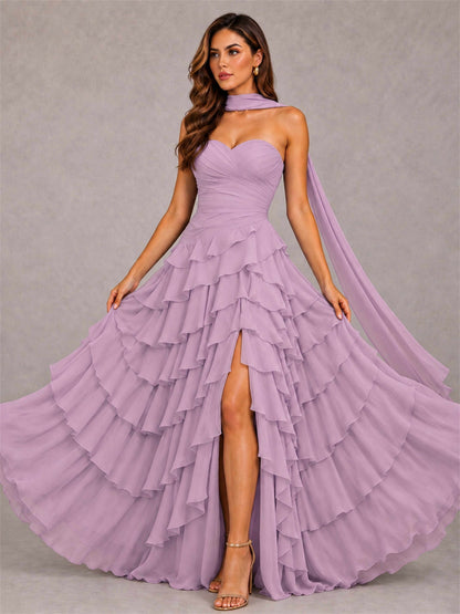 A-Line Strapless Pleated Side Slit Chiffon Evening Dress with Scarf