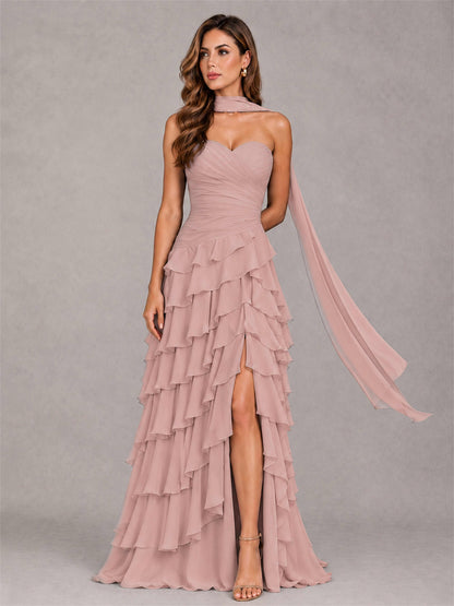 A-Line Strapless Pleated Side Slit Chiffon Evening Dress with Scarf